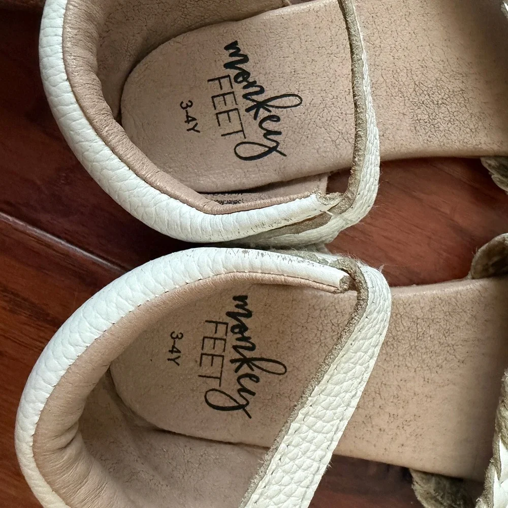 Monkey Feet Kids 11 Braided Leather‎ Sandals Gold White Size 3-4Y Boho Summer